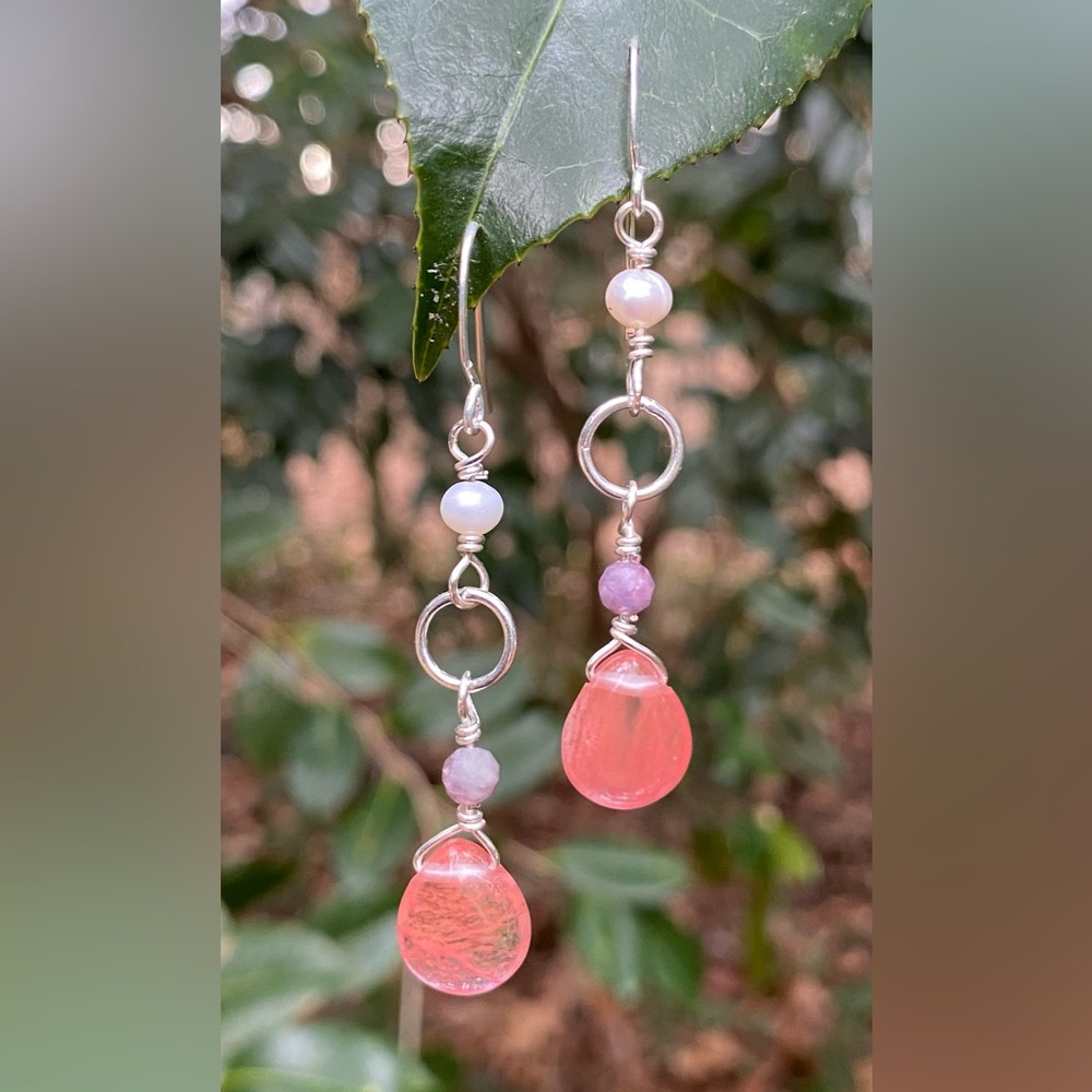 Silver and Strawberry Quartz Drop Earrings - Picture 4 of 6